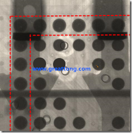 BGA錫球尺寸小于0.4mm，采用降低BGA內(nèi)圍襲球的錫膏量所得到X-Ray，稍微留意一下可以發(fā)現(xiàn)最外圈的錫量(圓的直徑)比其他內(nèi)圍的錫球上的錫量來得多一點點。也就是外圈的黑色圓形直徑比內(nèi)圈的圓形來得大一點點。