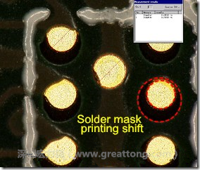 電路板BGA下面的防焊層印刷偏移，造成焊墊大小不一致。