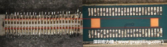 把板對板連接器與其電路板的佈線焊墊作一個(gè)比較，端子的切斷面有毛邊的地方剛好對到了裸銅區(qū)。