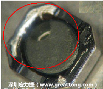 使用錫(Sn)鍍層的電源電感器(Power Inductors)，經(jīng)過推力測(cè)試后，其焊點(diǎn)還保留在零件的端點(diǎn)上，所以推力比較高。