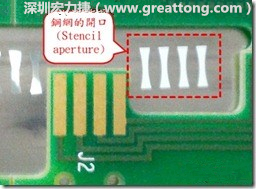 這個(gè)HotBar(熱壓熔錫焊接)吃錫的設(shè)計(jì)已經(jīng)對(duì)了一半，在印刷錫膏的時(shí)候在焊墊的中間位置減少錫膏，如果治具的設(shè)定正確的話，熱壓頭(thermode)要壓在焊墊中間的位置，焊錫的印出來結(jié)果如下面右圖所示。