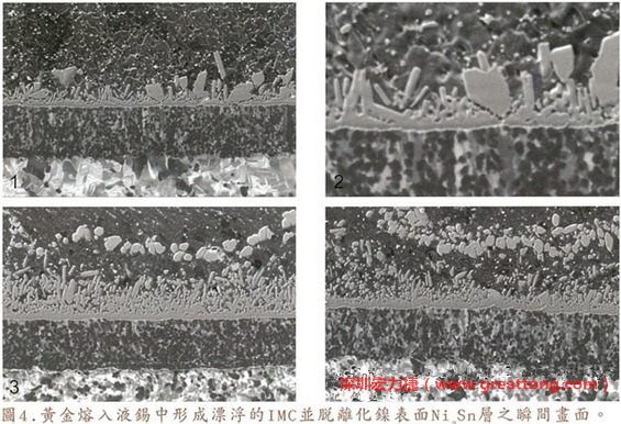 下面四張圖片為放大4500倍的SEM圖像，說(shuō)明在回流焊爐熱量不足的情況下，黃金成份正要從鎳層分離融入焊錫之中的瞬間，當(dāng)零件遭受外力沖擊的時(shí)候就極有可能從這一整排AuSn、、AuSn2或AuSn4的IMC處裂開。