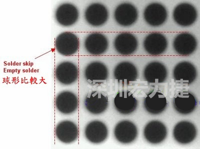 現(xiàn)在我畫幾條直線你再看看是否有發(fā)現(xiàn)那一顆BGA的錫球比較大，有空焊的可能？