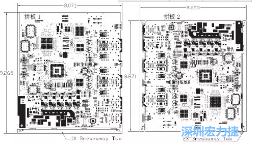 如圖7所示是使用不同數(shù)量邊條的拼板，拼板1僅使用了一個邊條，直接利用PCB另一邊作為SMT工藝傳送邊，并且PCB圖形中有合適的安裝孔；而拼板2則是按常規(guī)設計了兩個邊條。拼板方式為連接筋。圖中“Breakaway Tab”指邊條-深圳宏力捷