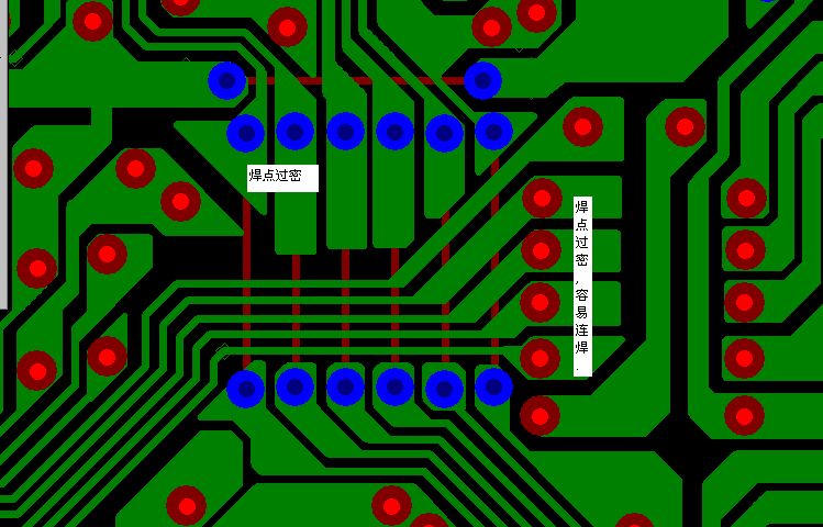 PCB設(shè)計(jì)焊點(diǎn)過(guò)密，易造成波峰連焊，焊點(diǎn)間漏電