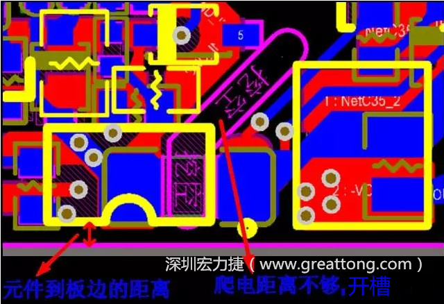 如果碰到模塊PCB空間有限，爬電距離不夠，可以采用開槽的方式