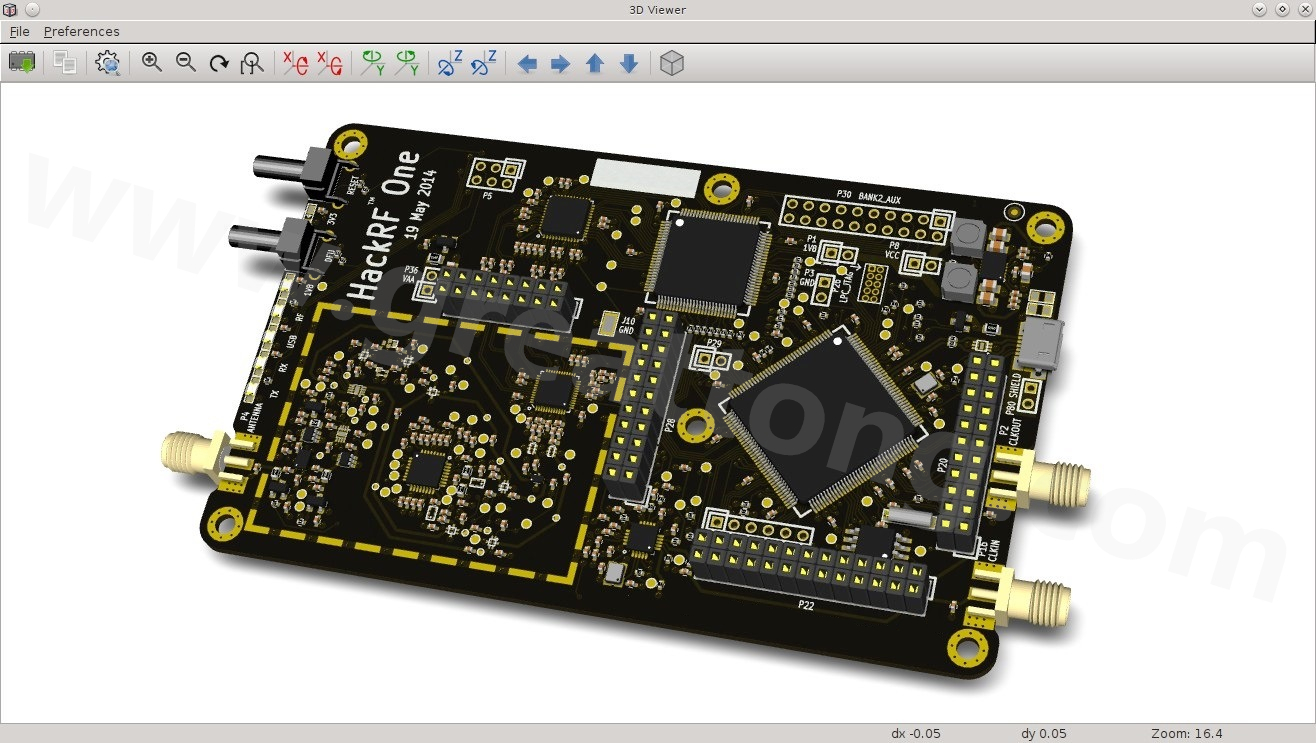 經(jīng)KiCad軟體3D功能渲染過的HackRF One電路板。