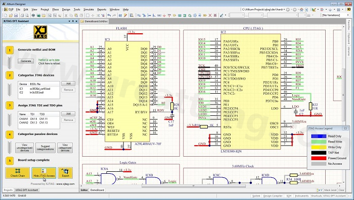 XJTAG DFT Assistant的Access Viewer模式可以清楚地顯示可用的測試存取層級，讓電路板設計人員在展開PCB布局以前的原理圖擷取階段盡可能地提高測試存取能力