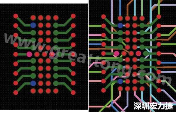 圖7：焊盤內(nèi)過孔用于內(nèi)部，而外部接腳在0.5mm閘格上扇出。圖7a顯示的是頂層(左)；圖7b顯示頂層和內(nèi)部布線層(右)。