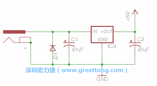 新增RBBB→Power_Jack，將它放在電壓調(diào)整器的輸入端旁邊。