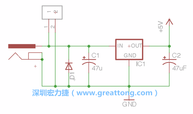 2.5.    新增一個二極體，它會以水平的狀態(tài)出現(xiàn)在屏幕上，請使用「旋轉(zhuǎn)（Rotate）」工具把它負極那一面朝上，并且用「網(wǎng)絡連接」工具將它連接在電壓調(diào)整器的輸入端和接地端之間。