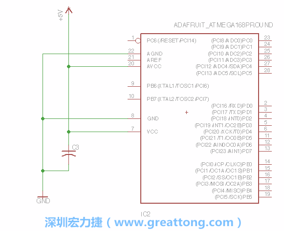 3.1.    新增微控制器晶片（RBBB → ATmega），把它放在電路原理圖的中央附近，把它的兩個(gè)接地接頭連接到接地訊號(hào)端。