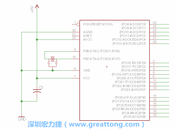 3.2.    在靠近ATmega的電源供應(yīng)針腳7的位置放置一個(gè)0.1μF的電容，將它分別連接電源、接地端和針腳7。