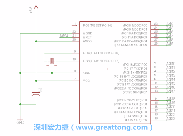 3.3.    將共鳴器（resonator）放置在針腳9和針腳10附近，將它的三個(gè)針腳連接如圖所示，并確認(rèn)最中間的針腳有連到接地端。