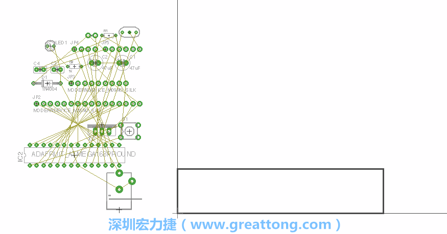 第一次執(zhí)行布線編輯器時，你會發(fā)現(xiàn)有兩個區(qū)塊，左邊的區(qū)塊非常混亂，而右邊的區(qū)塊則是一個長方形的工作區(qū)域，EAGLE免費版會限制你的工作區(qū)域在4” x 3.2”的范圍內(nèi)，如果你試圖將元件擺放在工作區(qū)外的話，就會跳出警示訊息。