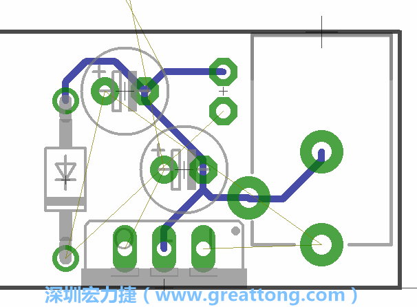 當(dāng)你在擺放元件時，要注意元件間的連結(jié)關(guān)系使用「旋轉(zhuǎn)（Rotate）」工具來讓連結(jié)點更接近、更容易布線。舉例來說，我們可以將這邊的二極體轉(zhuǎn)一個方向來縮短和47μF電容間的連結(jié)距離。