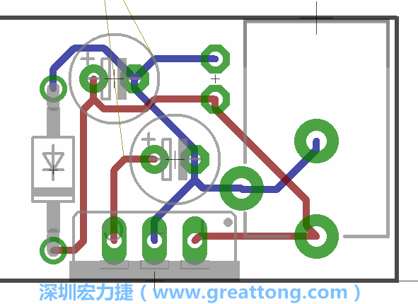 接地連結(jié)點的布線情形如下圖所示，利用這個練習(xí)來避免電路連線銳角化的產(chǎn)生是一個不錯的選擇，你可以在工具列中的彎曲線路（Wire Bend）選項里改變各種布線的變化。