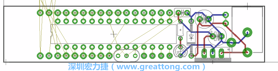 將ATmega微控制器、三個GPIO排針（JP2, JP3, JP4）和諧振器（resonator）排置如上圖所示。