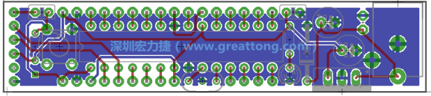 第二篇文章則帶領(lǐng)你進(jìn)行電路板上的布線、連結(jié)點(diǎn)的配置，并利用「設(shè)計(jì)規(guī)則檢查（Design Rule Check）」測(cè)試你的設(shè)計(jì)，第二篇文章的電路板設(shè)計(jì)圖將如下所示：