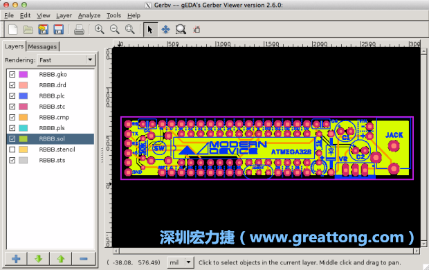 將圖層匯入你的Gerber預(yù)覽工具內(nèi)（下圖為Gerbv），我通常會(huì)從上到下重新排列它們的順序，好讓我比較好校對(duì)：