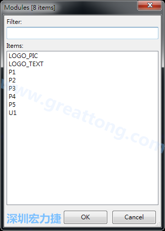 從目前正在編輯的PCB載入Module， 會(huì)顯示有那些項(xiàng)目可載入。點(diǎn)選一個(gè)， OK后即完成載入