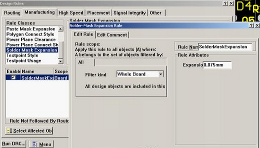 5. 而對于阻焊的調(diào)整則可以通過按D、R調(diào)出[Manufacturing]制作設(shè)計規(guī)則的[Solder-Mask Expansion Rule]設(shè)置項直接設(shè)定單邊放大值