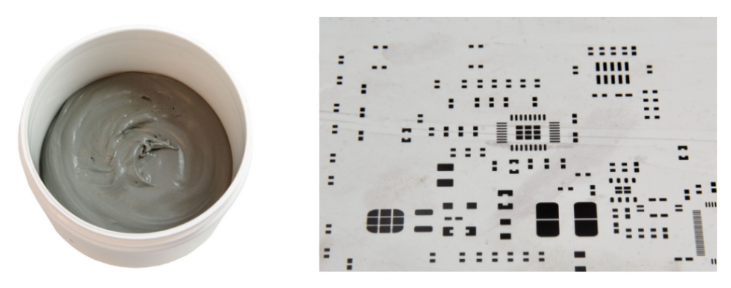 焊膏（左），PCB模板激光切割孔（右）